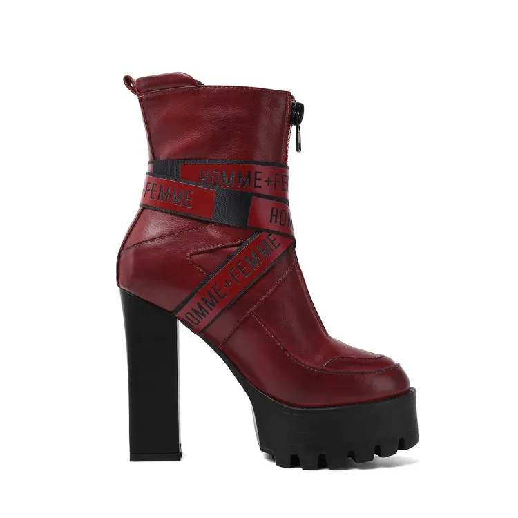 Rontic New Women Platform Ankle Boots Cow Leather Square High Heel Boots Round Toe Wine Red Black Club Shoes Women US Size 3-9.5