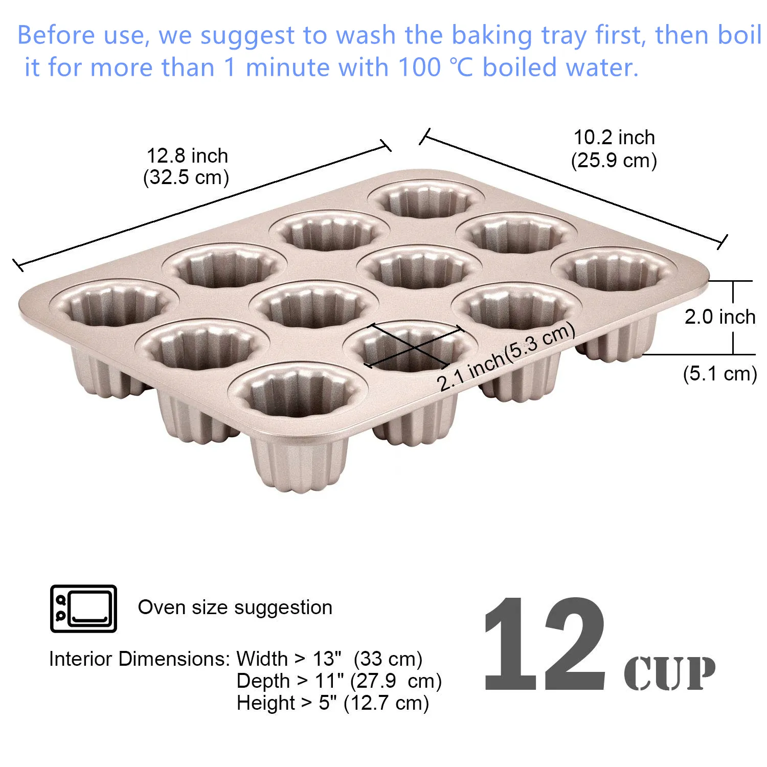 Canele Mould Cake Pan 12-Cavity غير عصا Cannele Muffin Bakeware Cupcake Pan لخبز الفرن لقضاء العطلات والعطلات 294s