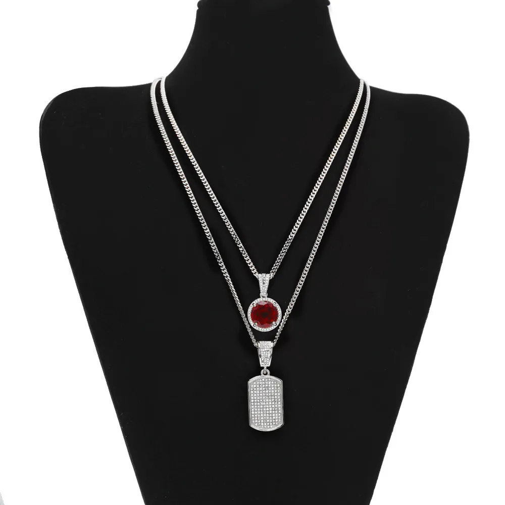 Ensembles Pendentif Noir Rouge Bleu Mini Pierres Précieuses Rondes Gros Strass Étiquette De Chien Chaîne Cubaine Deux Colliers Hommes Femmes HipHop Bijoux 2 N303L