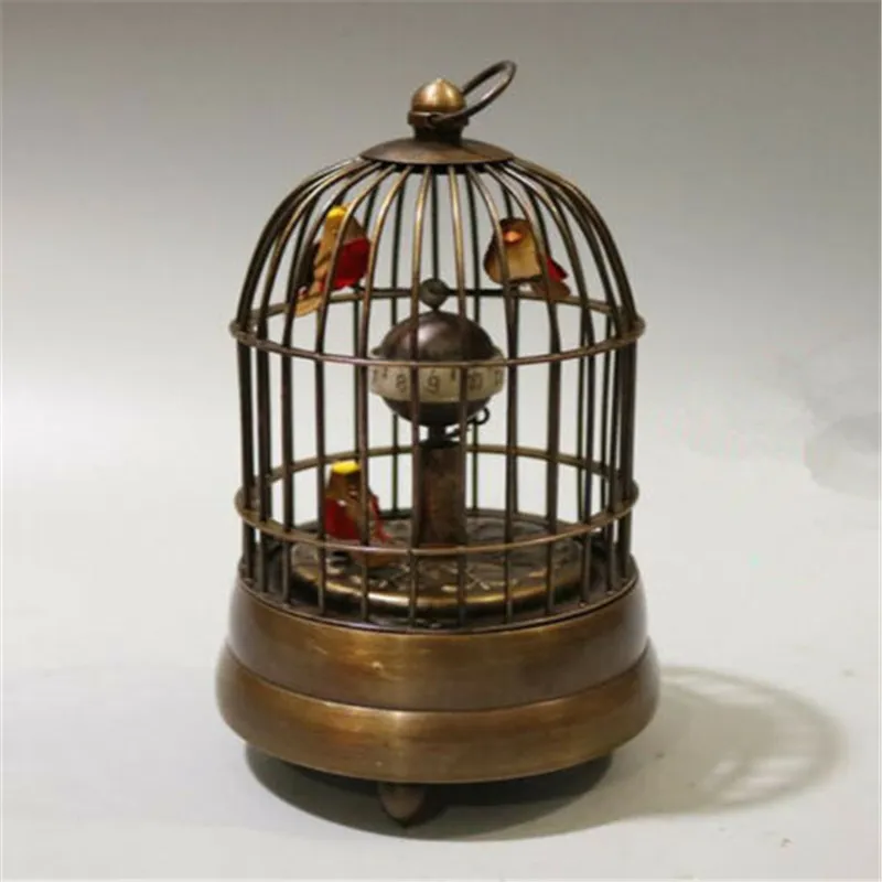 new Collectible Decorate Old Handwork Copper Two Bird In Cage Mechanical Table Clock294Q