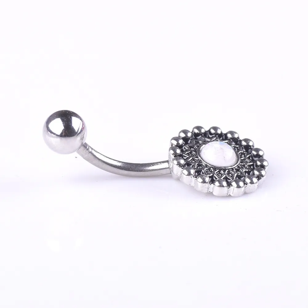 Sexig vintage rund blomma wasit belly dans kristall kropp smycken rostfritt stål navel klocka knapp piercing dingle ringar för kvinnor