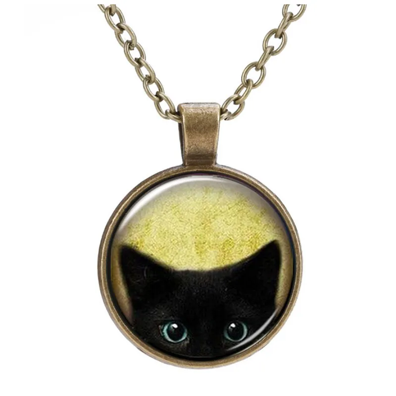 Personnalisé Vintage verre chats charmes collier argent Antique Bronze mat noir magique temps gemme pendentif pull collier cadeau Jewelr215r