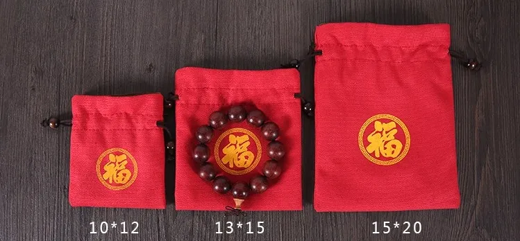 Glädjig röd sammet resor dragkammare tryckt trasa smycken väskor förtjockar bomullslinne påse lyckliga pärlor armband förvaringspåse265c