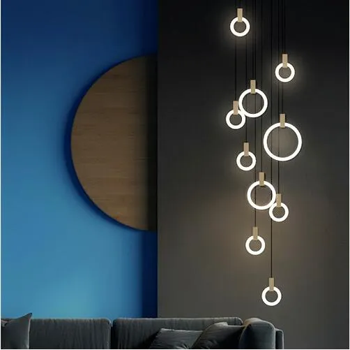 Moderne Nodic-Holz-LED-Ring-Kronleuchter, Acryl-Ring-Treppenbeleuchtungskörper für Wohnzimmer, Esszimmer, Treppe, 3, 5, 6, 7, 10 Ringe3266