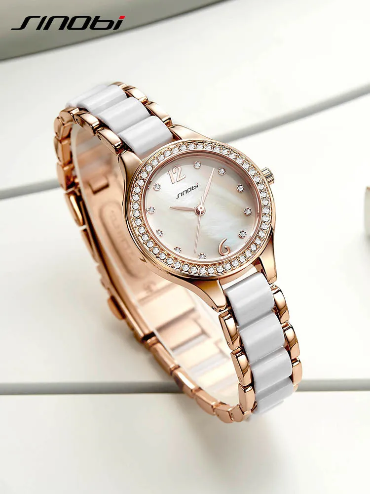 Sinobi moda feminina pulseira relógios para senhoras elegantes relógios de pulso ouro rosa diamante relógio feminino relojes mujer276k