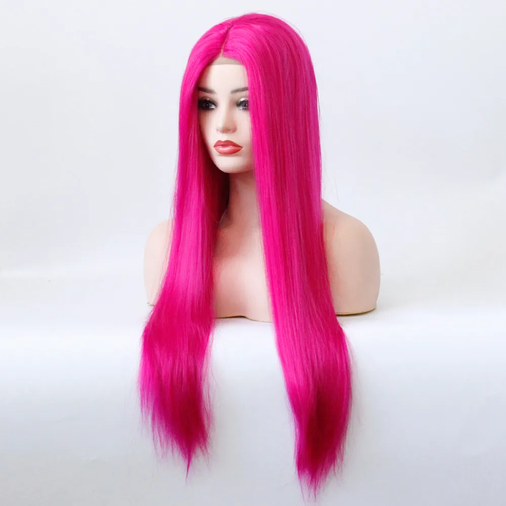 Middle Part Wig Hand Tied Rose Red Color Straight Heat Resistant Hair Cosplay Drag Queen Glueless Synthetic Lace Front Wigs (3)
