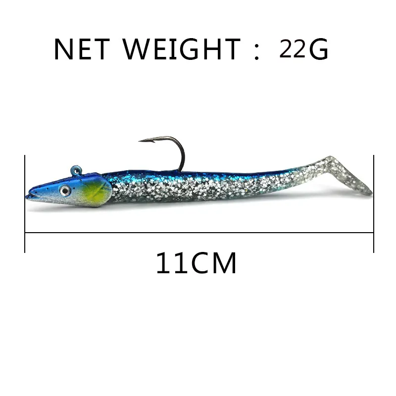 5 couleurs mélangées 110mm 22g gabarits appâts souples leurres hameçons de pêche crochet unique hameçons 3D yeux Pesca accessoires de matériel C-003187W