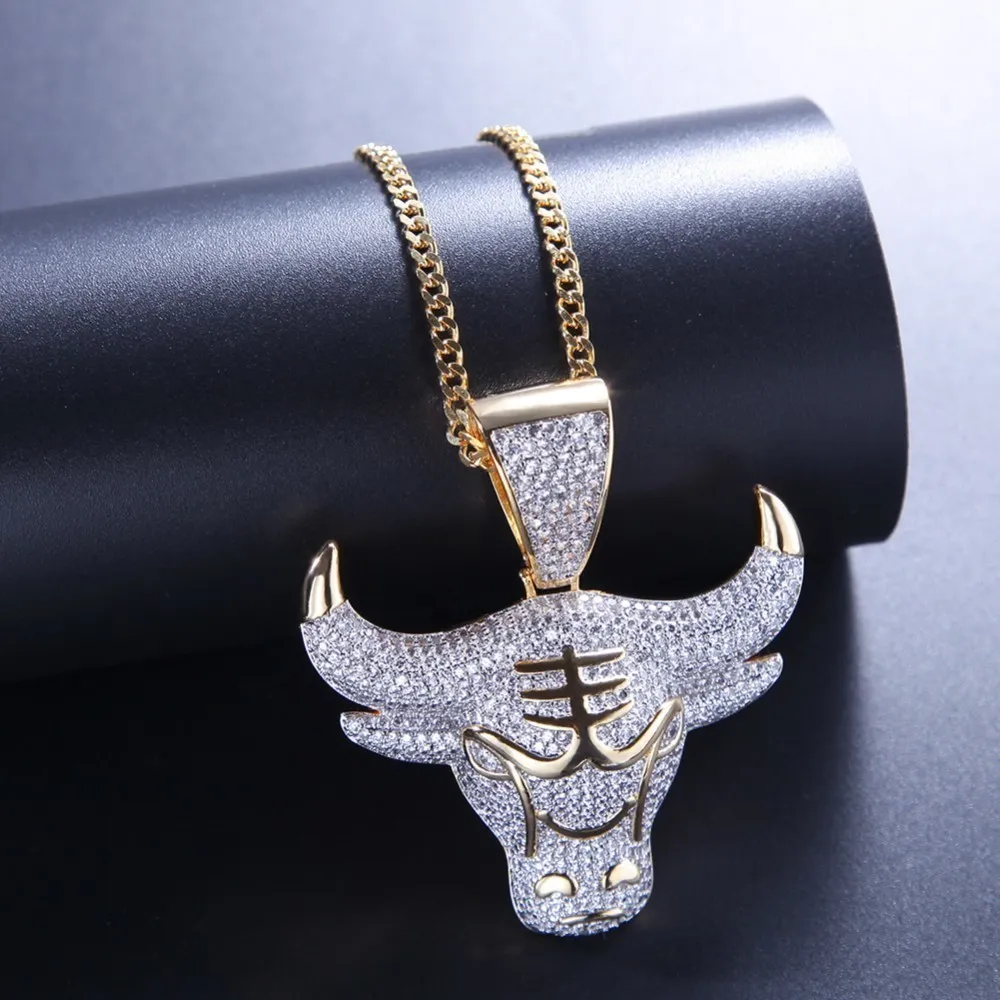 UWIN DROP Charm King Bull Iced Out out مع Round Cut Cut 4mm Chains Necklace Hiphop cubic Zirconia Jewelry J190712362853