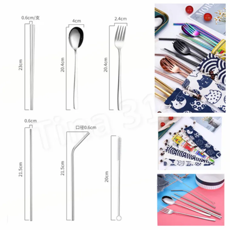 Heißer 7 Stück Tragbare Geschirr Stroh Set Koreanische Besteck Set Edelstahl Geschirr Set Küche Werkzeuge Mit Tuch tasche FlatwareT2I5219