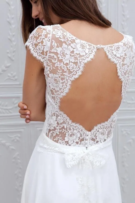 Elegant 2019 Boho Casual Beach Wedding Dresses Open Back Capped Sleeves A Line Sweep Train White Lace and Chiffon Summer Bridal Go211A