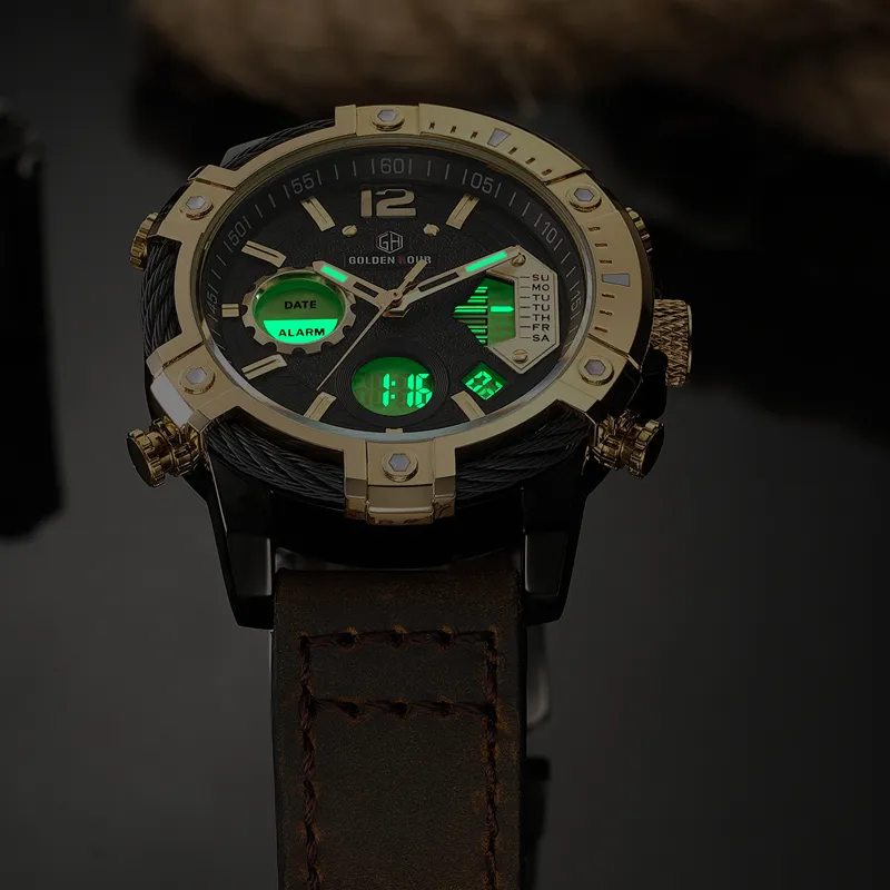 Reloj Hombre GOLDENHOUR hommes montre automatique Sport numérique étanche mâle horloge cuir armée homme montre Relogio Masculino256B