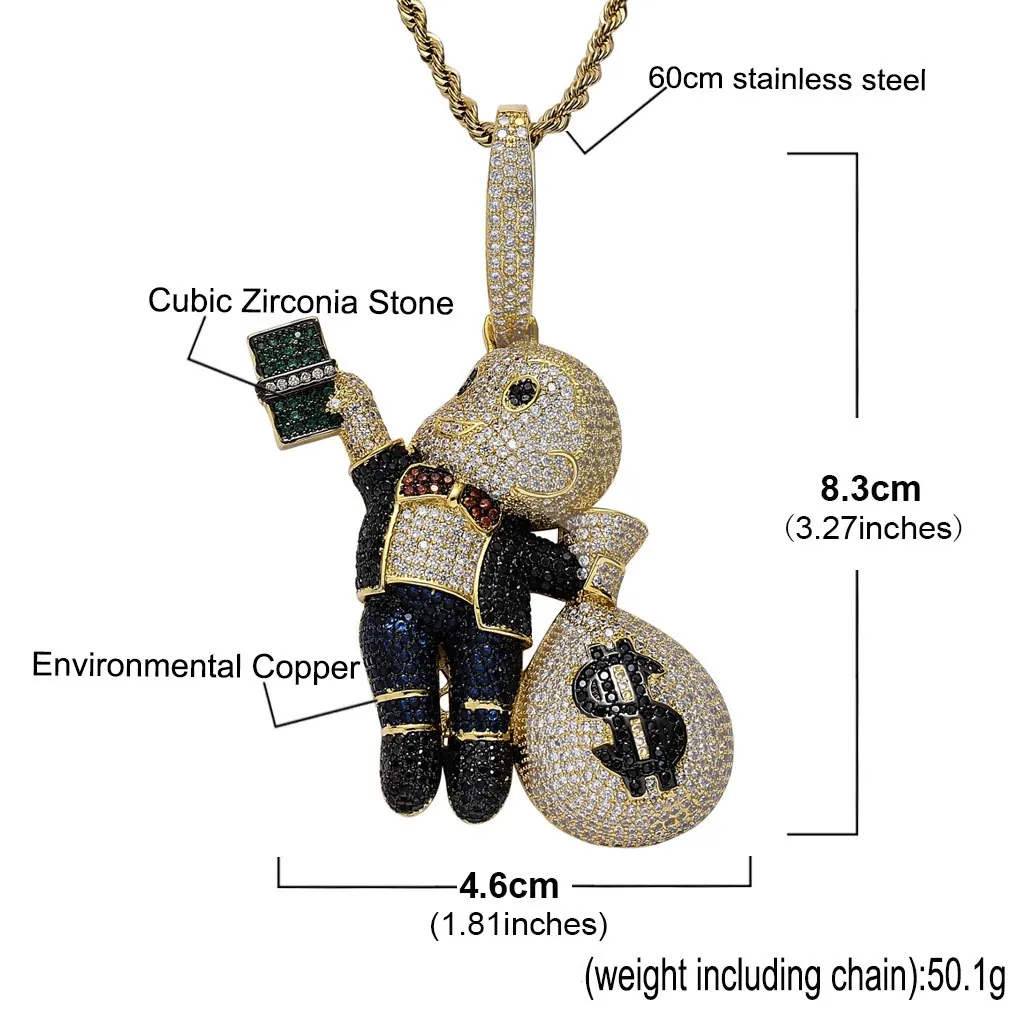 Роскошное дизайнерское ожерелье, мужские ювелирные изделия в стиле хип-хоп, подвеска со льдом, блестящий бриллиант, сумка для денег, подвески, золотая цепочка, большие подвески, мода Stat250f