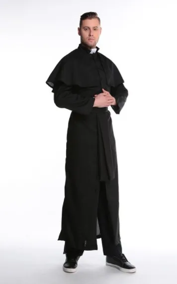 Traje temático de Halloween Role Playing Padre para roupas masculinas masculinas Cosplay Deus Long Black Suit Party Costumes236h