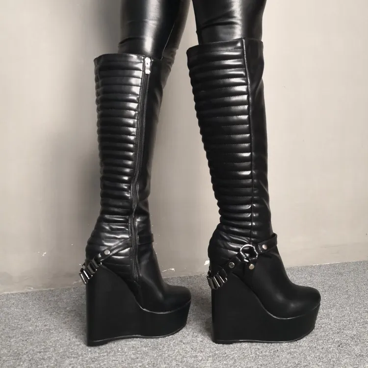 Rontic Yeni Kadın Diz Yüksek Çizmeler Seksi Takozlar Yüksek Topuklu Çizmeler Güzel Yuvarlak Ayak Muhteşem Siyah Parti Ayakkabı Kadınlar Artı ABD Boyutu 5-15