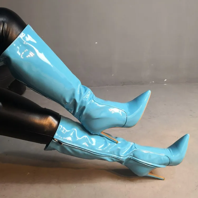 Rontic nuevas botas hasta la rodilla para mujer, botas sexis de tacón alto de aguja con punta estrecha, zapatos de moda azul claro para mujer, tallas grandes de EE. UU. 5-15