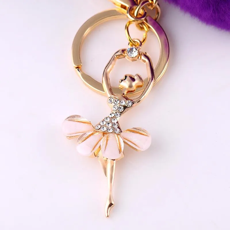 Neue süße Ballerina-Schlüsselanhänger mit Strass-Ballett-Plüschball-Schlüsselanhänger für Geschenke, Charm-Schlüsselanhänger, Ringschmuck, 6 Stück, Lot227M