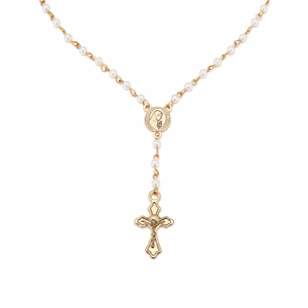 Sparkly Cross Pendant Choker Necklace Long Imitation Pearl Pärled Chain Rosary Madonna Coin Halsband Pendants religiösa smycken277o