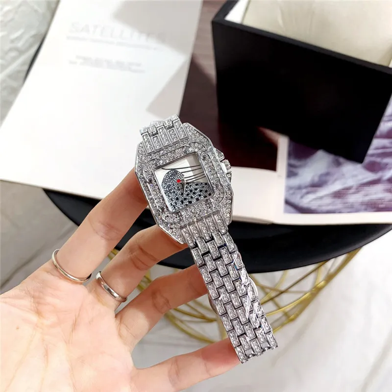 Modemarke gute Qualität Schönes Frauenmädchen Leopard Kristall Square Style Dial Dial Edelstahlband Quarz Armband Uhr C311s