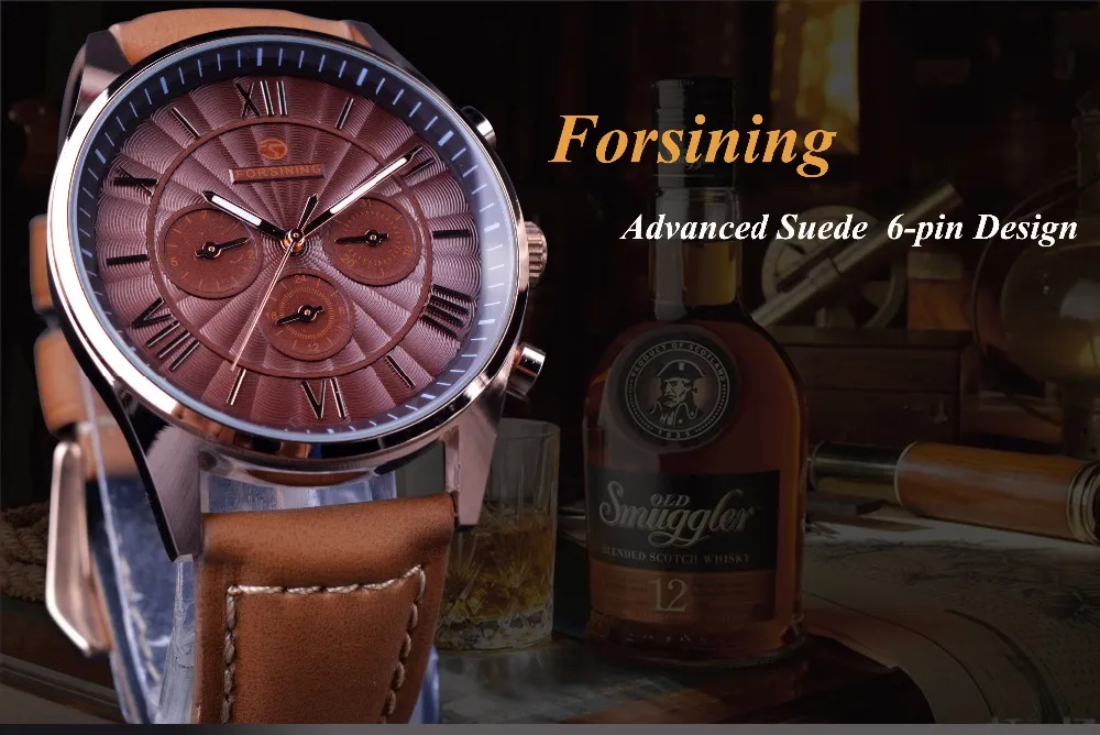 Forsining Série Classique Cadran Tourbillon Bracelet En Daim 6 Mains Calendrier Affichage Hommes Montres Top Marque De Luxe Montre Automatique Horloge Men2149