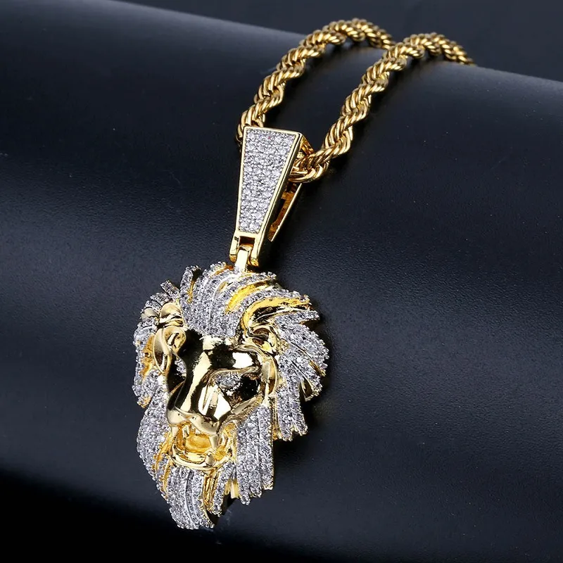 Moda-Hip Hop Iced Out Ouro Pingente Colar Cabeça de Leão Pingente Colar Moda Colar Jewelry264P