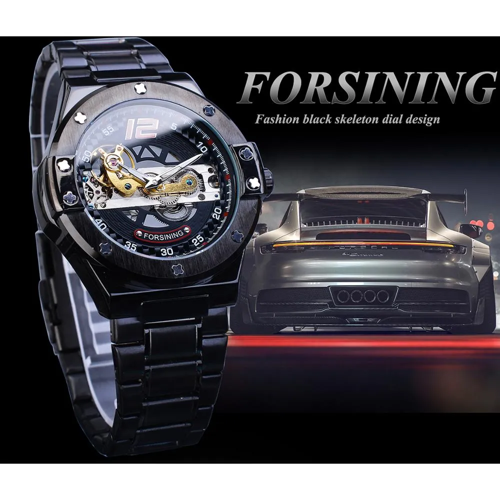 Forsining Transparent Automatische Männer Uhr Golden Bridge Mechanische Schwarz Edelstahl Band Skeleton Uhren Relogio Masculino239c