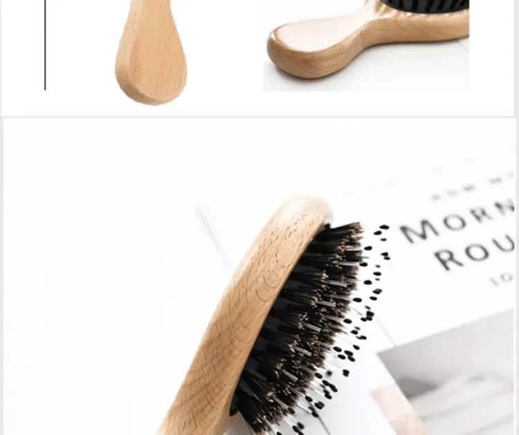 Massage hair brush natural bristle air cusion wooden comb anti-static straight caring curling hair beauty tool for woman and man