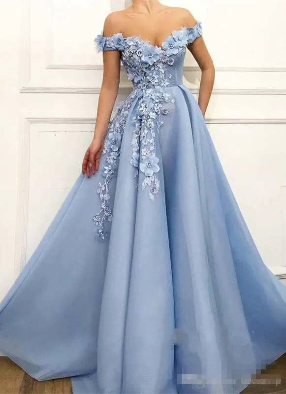 Robes de bal élégantes 2019 en dentelle 3D Floral appliquée perles robe une ligne hors de l'épaule des robes d'occasion spéciales sur mesure 268d