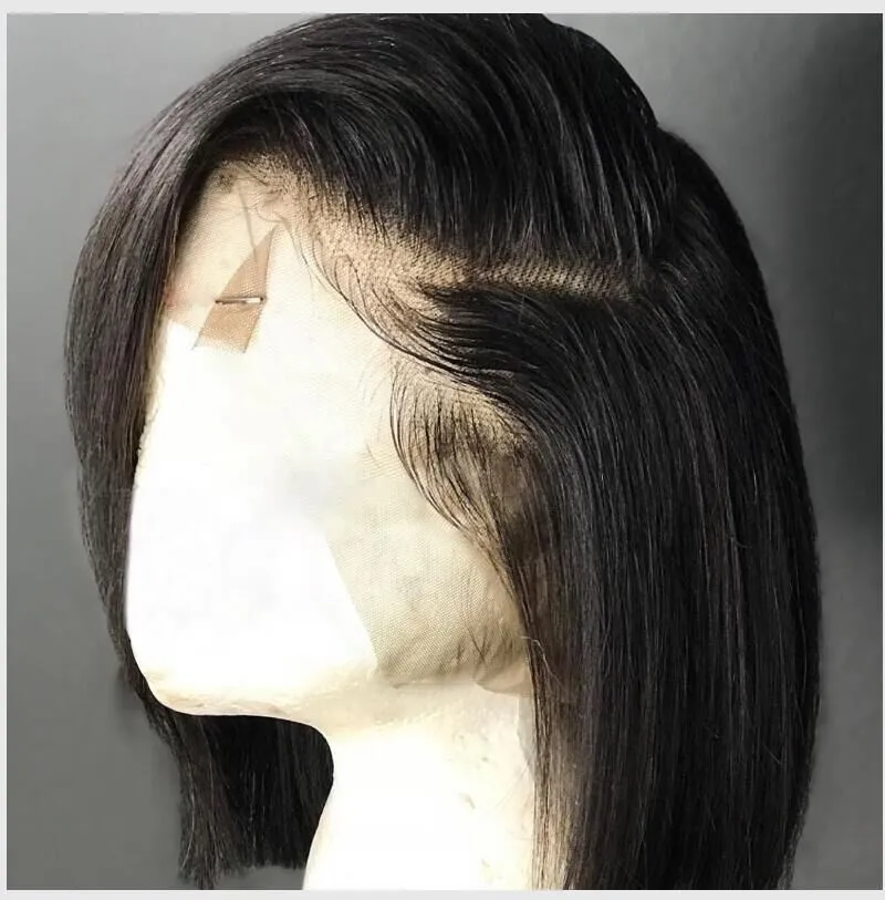 Frente do laço perucas de cabelo humano para preto feminino curto bob peruca natrual pré arrancado nós descorados peruca de renda reta meio part2416473