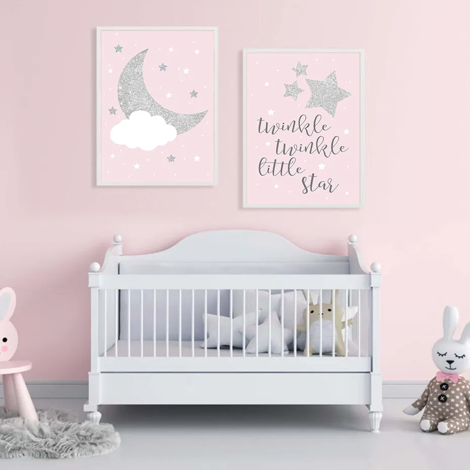 Toile d'art rose doux avec étoiles et lune, peinture murale, affiches et imprimés pour chambre de bébé fille, décoration de la maison, 4852760