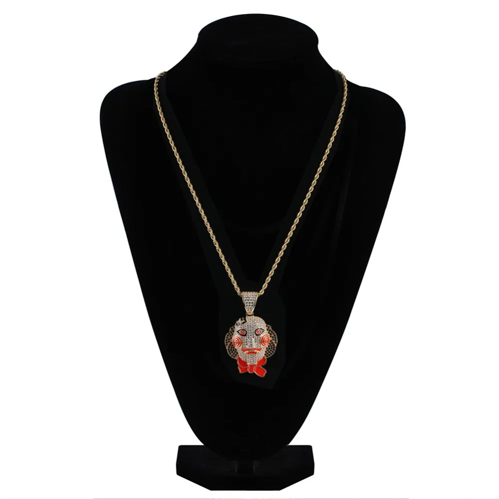 Collana a pendente maschera bambola ghiacciata zircone cubico hip hop oro color argento da uomo donna ciondolo a catena gioiello292e