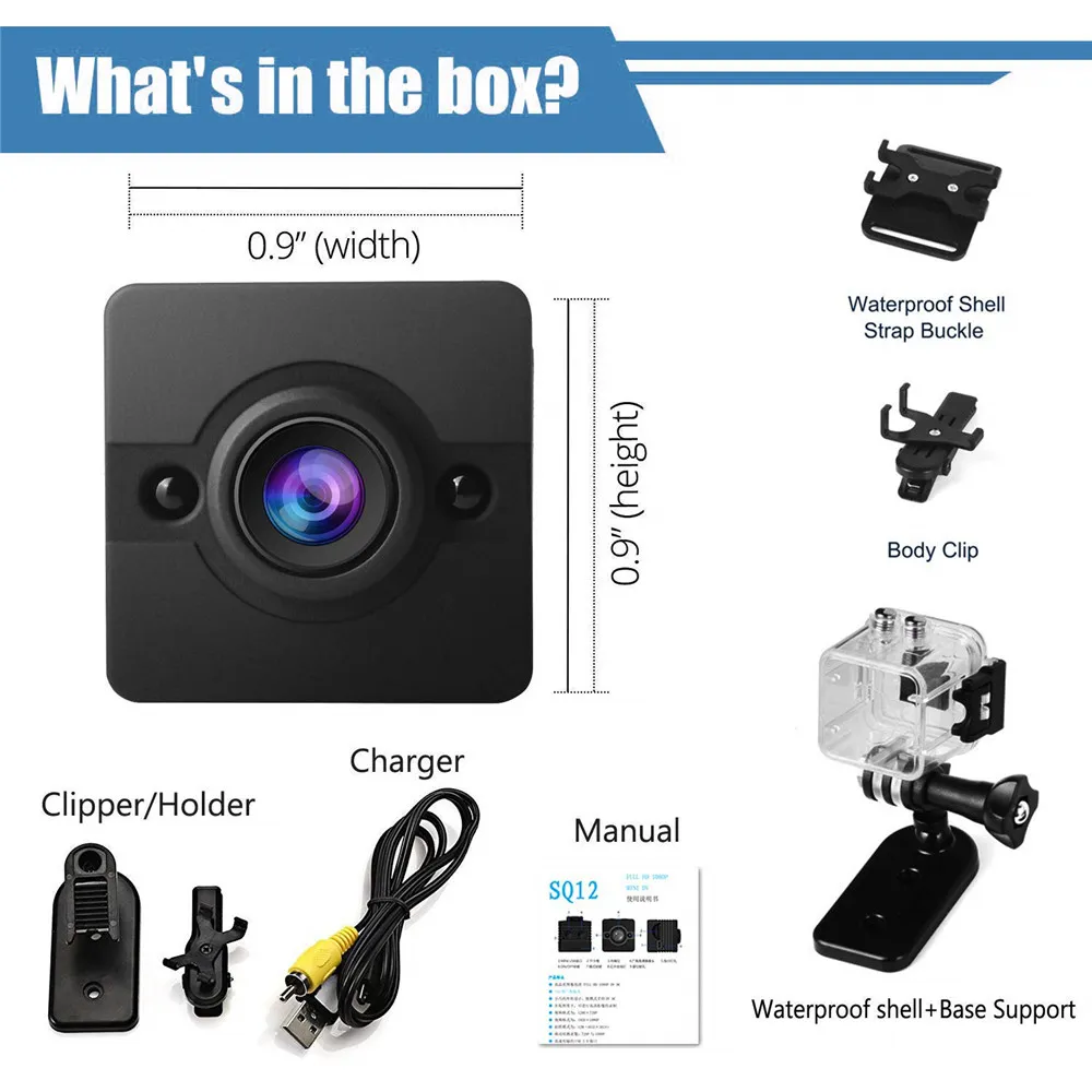 SQ12 Mini Caméra 1080p Cam Vision Nuit Vision large Lens à angle imperméable Mini caméscope DV Vidéo enregistreur vidéo Caméra d'action SQ 12