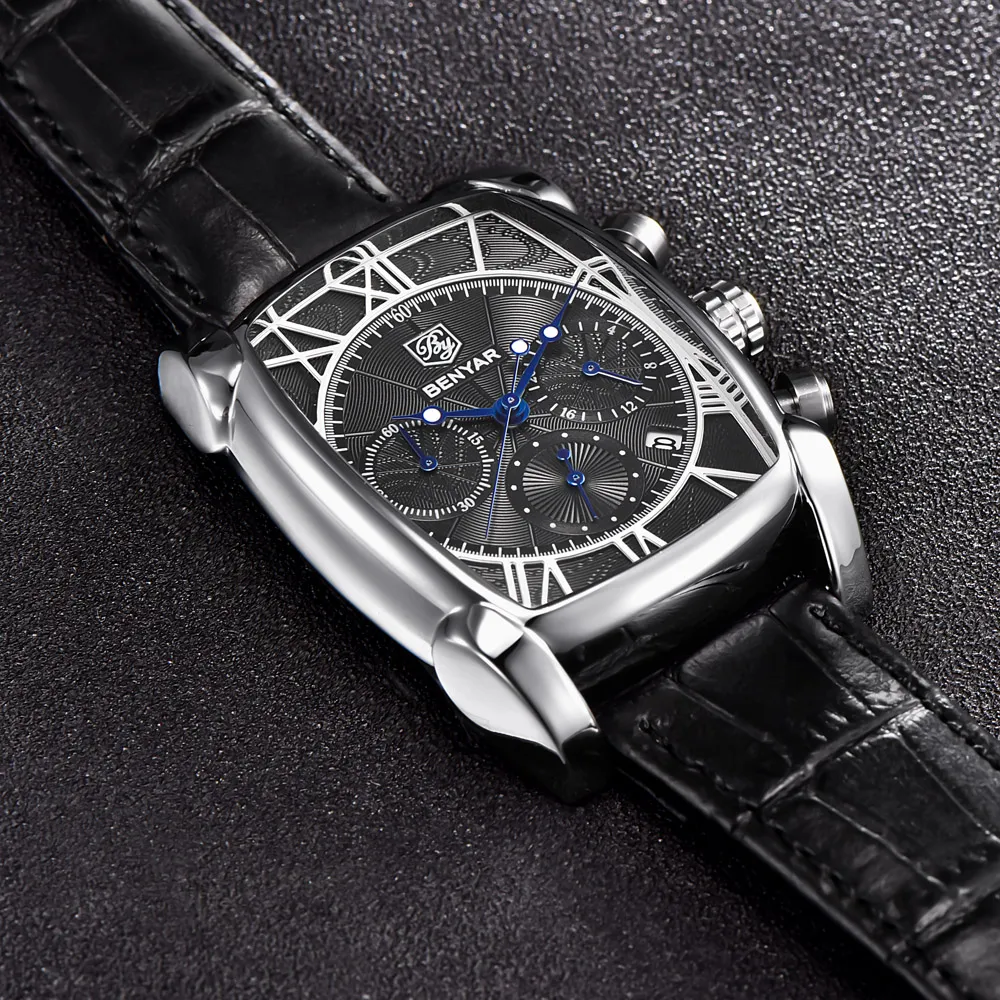 Benyar Luxury True Six-Pin Quartz Watch Classic Rectangle Case Sports Chronograph Men's Watches Rose Gold Erkek Kol Saati250s