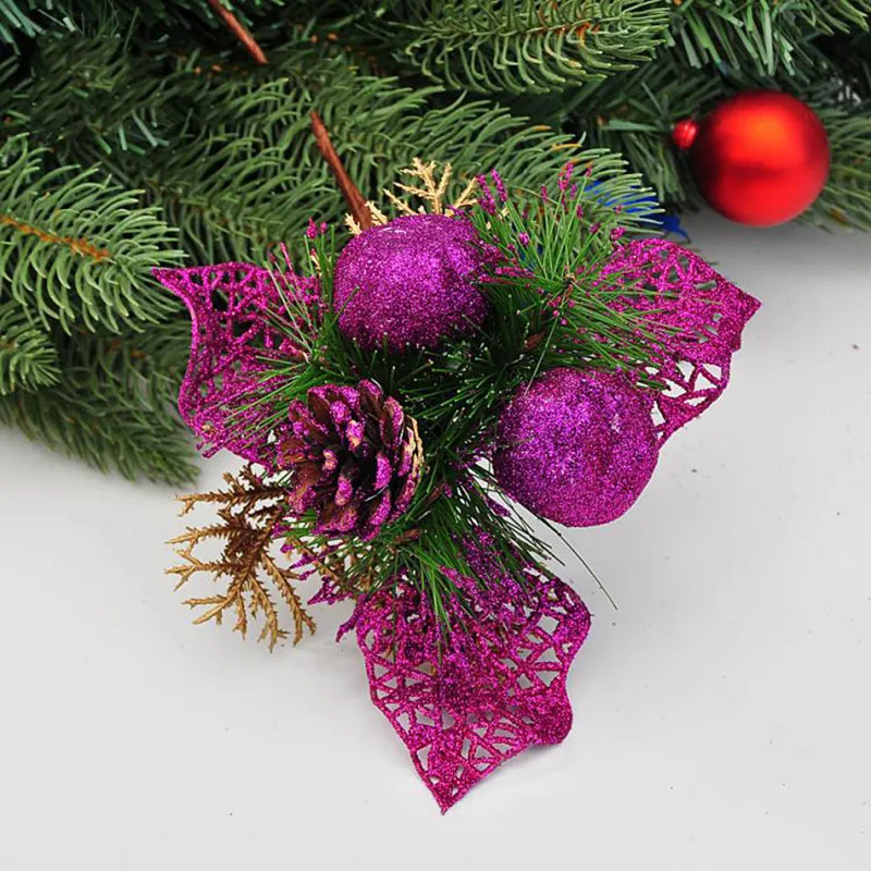 Kerstdecoraties 10 stks Cuttings kunstmatige pailletten dennenkegel glitter glitter poinsettia home ornament festival boom decor Part2717