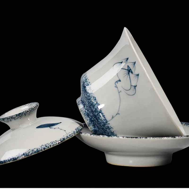 Capa de chá de porcelana retrô pintada à mão gaiwan azul e branca Jingdezhen cerâmica Sancai tigela de chá antiga xícara de chá332x