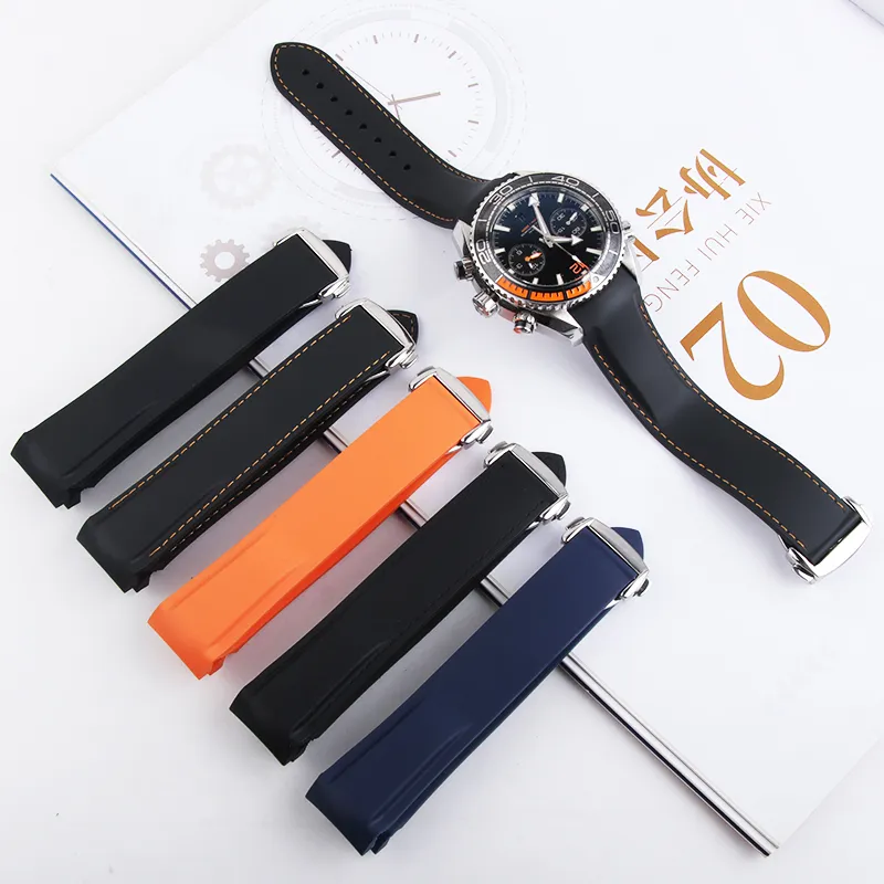 Pulseira de relógio de 20mm 22mm, laranja, preto, azul, à prova d'água, borracha de silicone, pulseira com fecho, fivela para omega planet ocean t218j