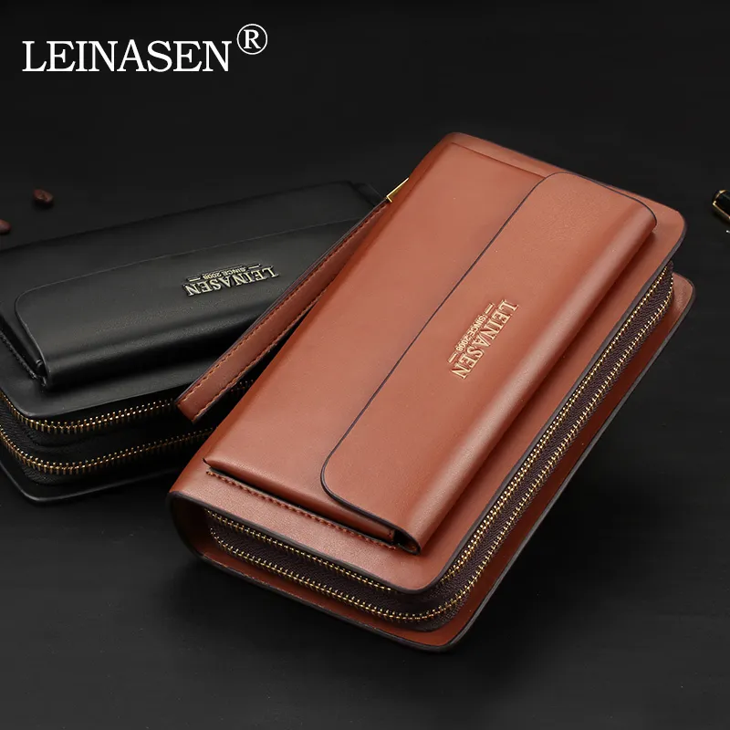 Leinasen Brand Men Wallets met munten Pocket Zipper Dubbele rits Mannelijke portemonnee Lange grote mannen Turn Coin Koppelingszak Black Business J263Z