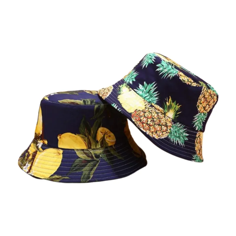 الصيف اثنان جانبي عكسي قابلة للانعكاس الأناناس البطيخ الليمون الكرز القبعة قبعة الرجال النساء لطيف الصياد قبعة بنما بوب casual320g