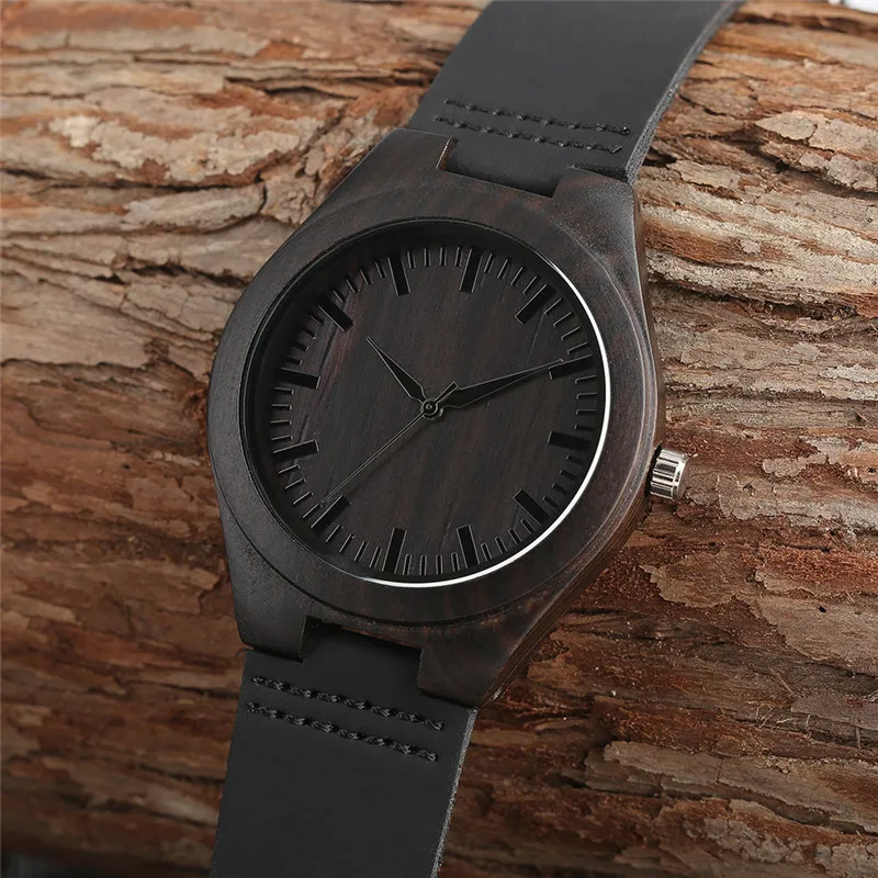 Montre en bois d'ébène pour hommes, noir, Unique, cadeaux de luxe, montre-bracelet à Quartz analogique en bambou léger, bracelet en cuir, Reloj de madera201q