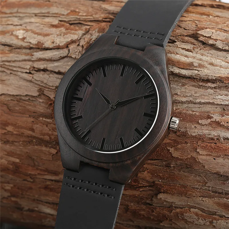 Relógio de pulso de madeira de ébano masculino preto completo exclusivo presentes de luxo luz bambu analógico quartzo pulseira de couro reloj de madera201q