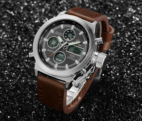 GOLDENHOUR Dropship hommes montre à Quartz affichage numérique montre-bracelet militaire en cuir montres étanche mâle horloge Relogio Masculino202k