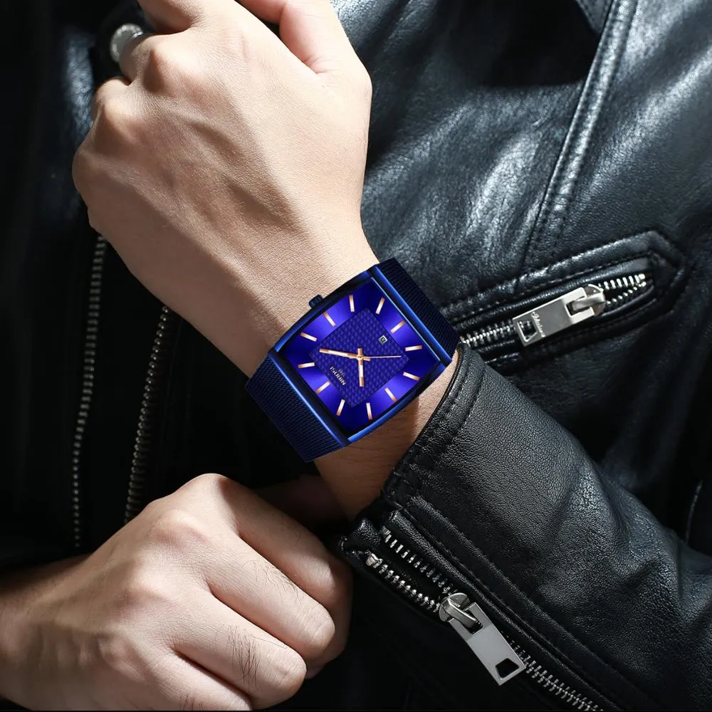 NIBOSI Heren Horloges Topmerk Luxe Blauw Vierkant Quartz Horloge Mannen Waterdicht Gouden Mannelijke Horloge Mannen Relogio Masculino nieuwe styl302F