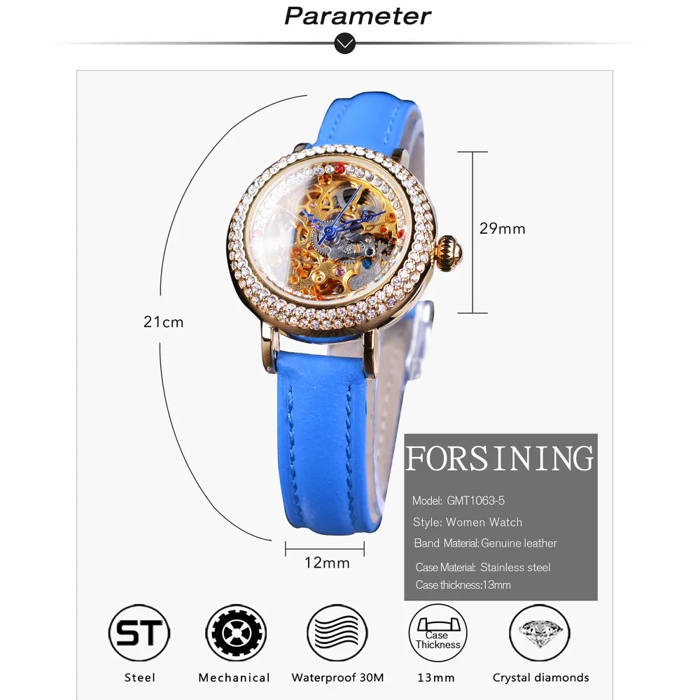 ForSining Fashion Blue Lady Diamond Gold Flower Movement Transparent Small Lady Women Mechanical Skeleton Watch Top Brand Luxury2739