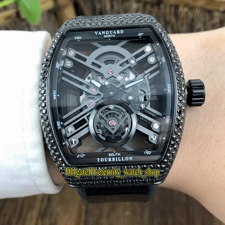New MEN'S COLLECTION Vanguard V 45 T GR CS SQT BR NR Skeleton Dial Japan Miyota Automatic Mens Watch Iced Out Diamonds Case Sport Watches