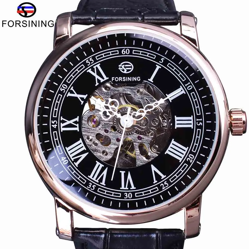 Forsining Montre série rétro Affichage squelette romain Cadran noir Horloge mécanique Rose Boîtier doré Montre automatique pour homme Top Marque Lu284I