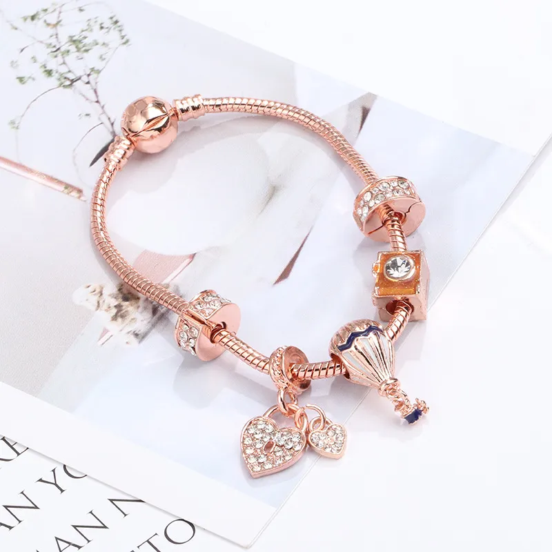 Романтический браслет из розового золота с воздушным шаром и бисером, модный браслет своими руками для девочек, инкрустированный бриллиантами, кулон в форме сердца, браслет 304n