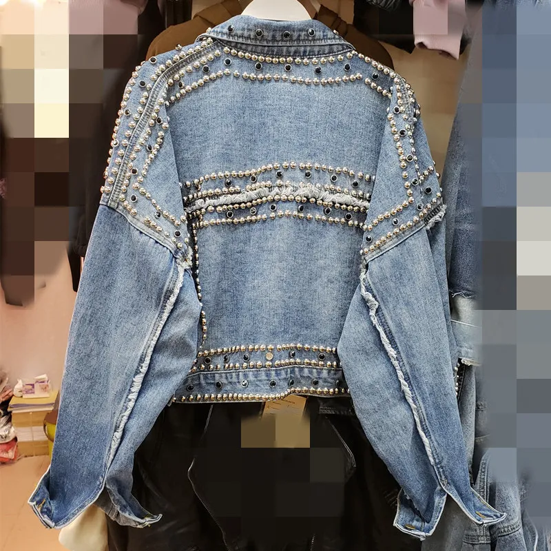 Women Harajuku Denim Coat Heavy Hand Beaded Rivet Short Jeans Jackets Spring Autumn Lady Casual Loose Single Breasted Top Y200101