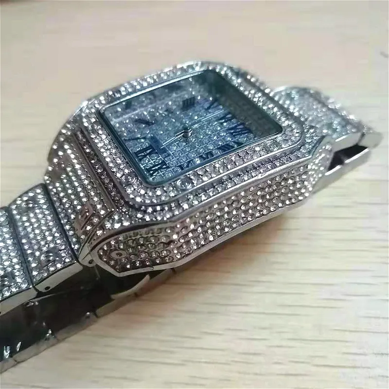 Relógios masculinos marca superior design famoso iced out relógio de ouro diamante para homem quadrado quartzo à prova dwaterproof água relógio de pulso relogio masculin241h