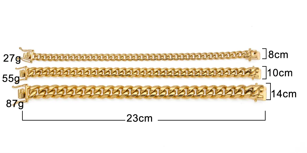 Catena a maglie 8mm 10mm 12mm 14mm Acciaio inossidabile Miami Curb Bracciale cubano Uomo Hip Hop Spessore riempito in oro Link Pesante 23cm1226u