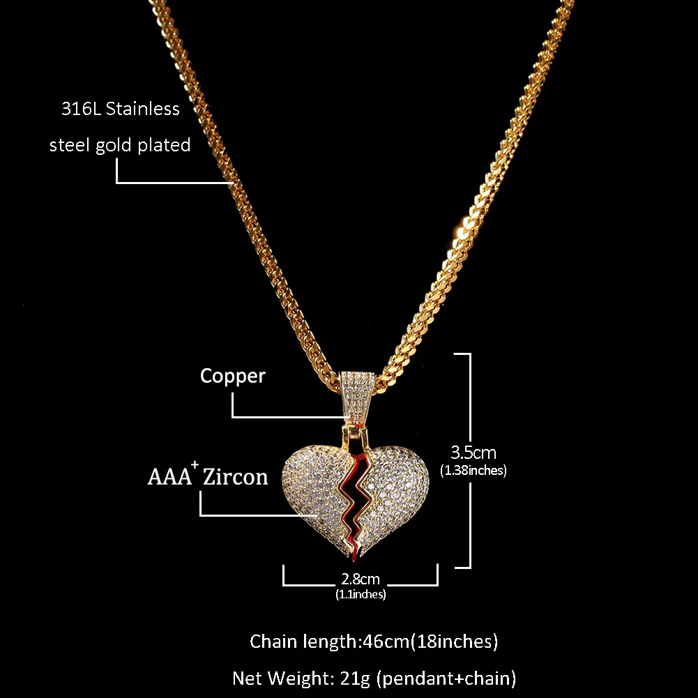 Iced out Small Heart Pendant Necklace With Rope Chain Gold Silver Color Cubic Zircon Hip hop Jewelry331S