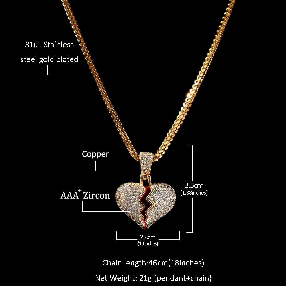 Iced out Small Heart Pendant Necklace With Rope Chain Gold Silver Color Cubic Zircon Hip hop Jewelry202N